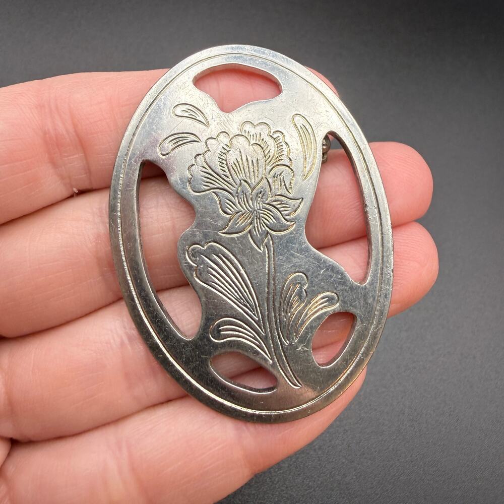 Vintage Kirk Stieff Pewter Brooch Oval Floral Etched Flower Openwork Pin Signed